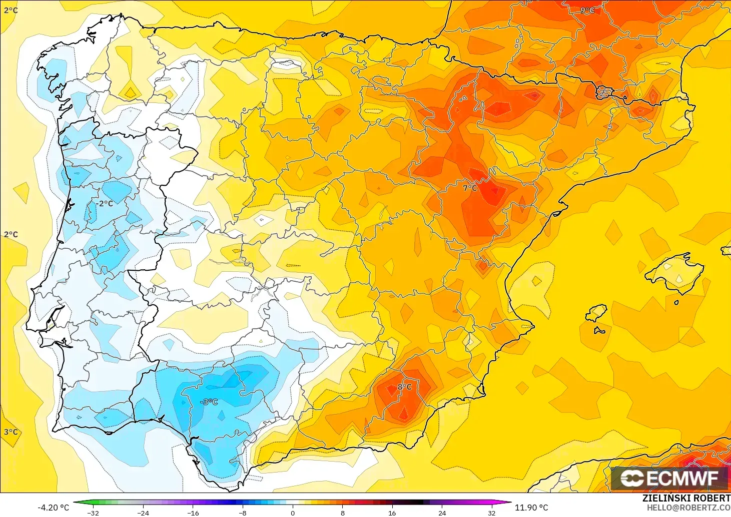 ECMWF IFS 0.25° model - Spain, Temperature at 2m Anomaly