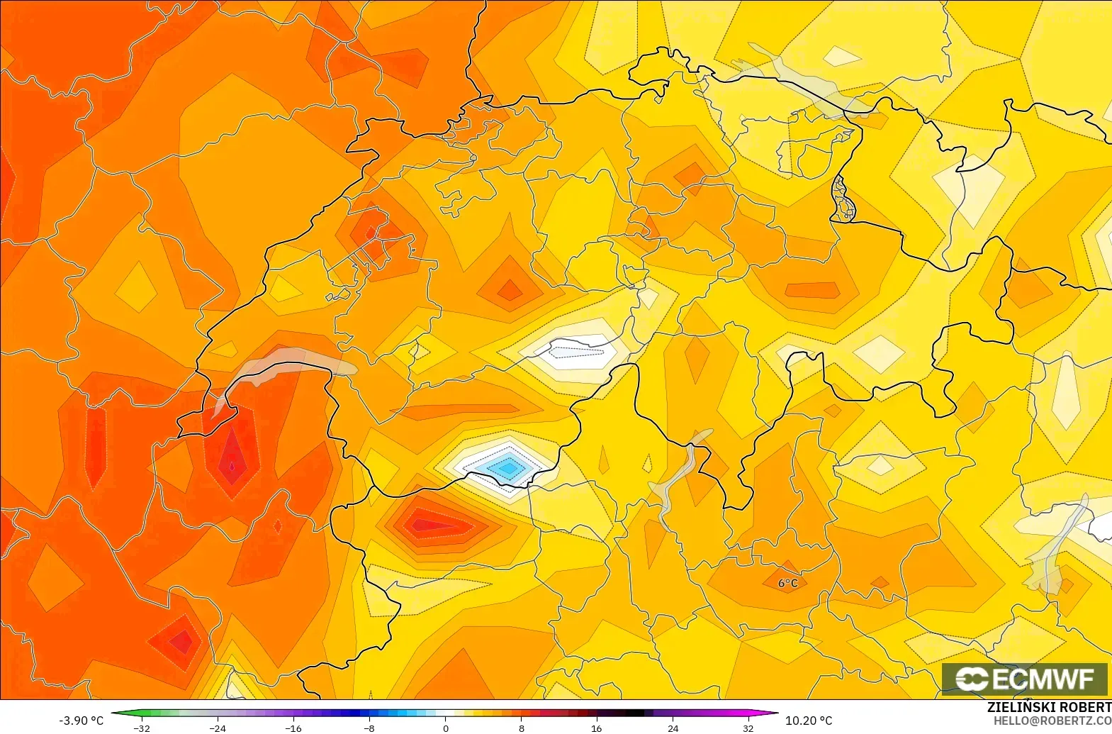 ECMWF IFS 0.25° model - Switzerland, Temperature at 2m Anomaly