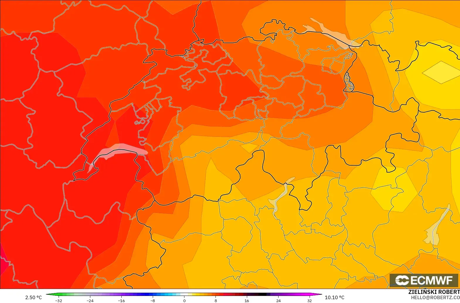 ECMWF IFS 0.25° model - Switzerland, Temperature at 850hPa Anomaly