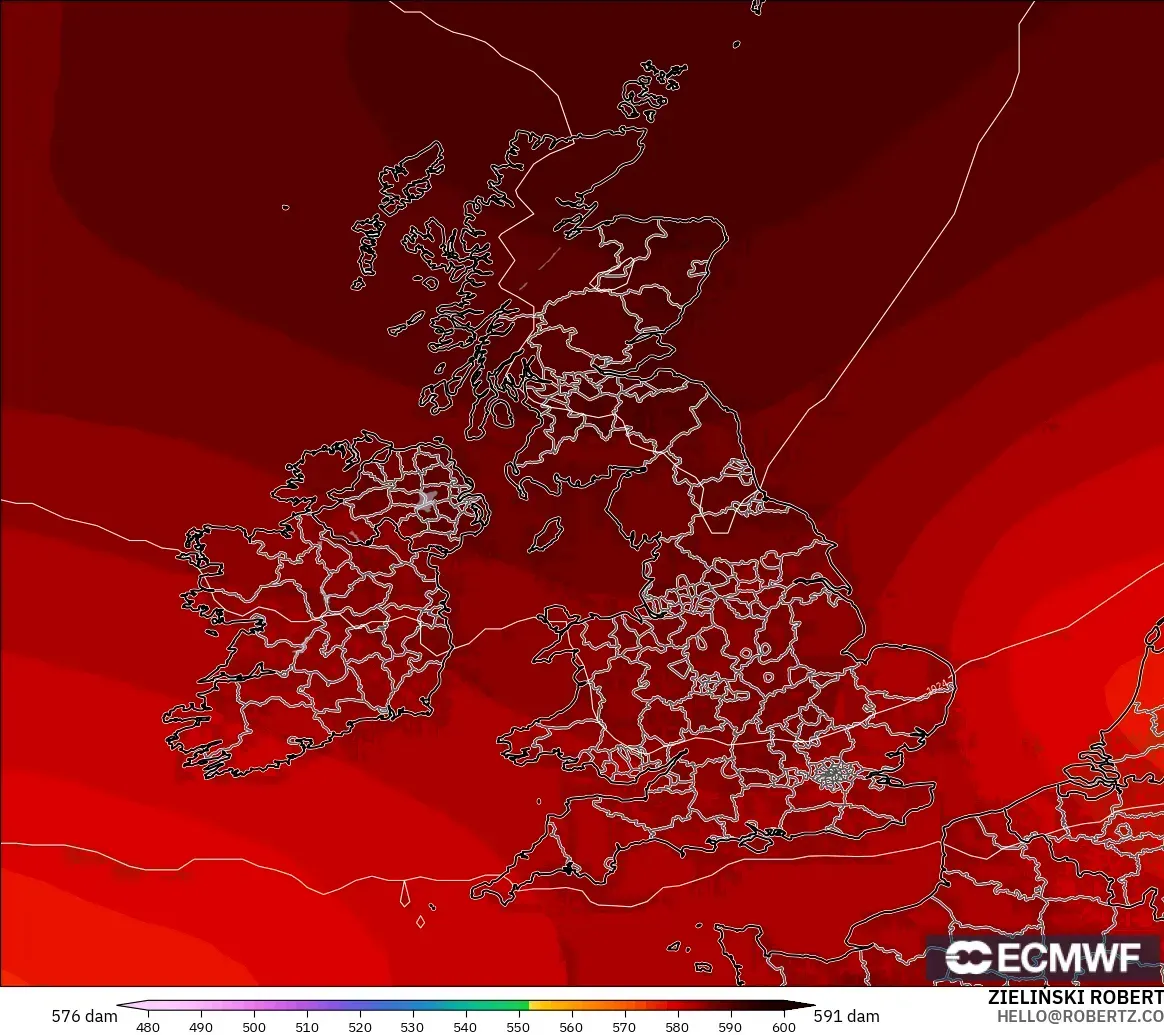 ECMWF IFS 0.25° model - United Kingdom, Geopotential height at 500hPa