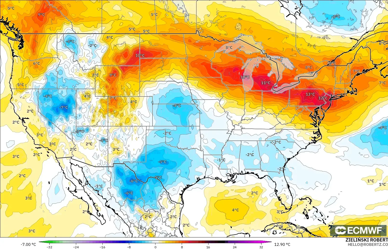 ECMWF IFS 0.25° model - United States, Temperature at 850hPa Anomaly