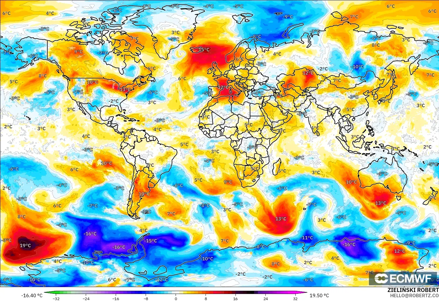 ECMWF IFS 0.25° model - World, Temperature at 850hPa Anomaly