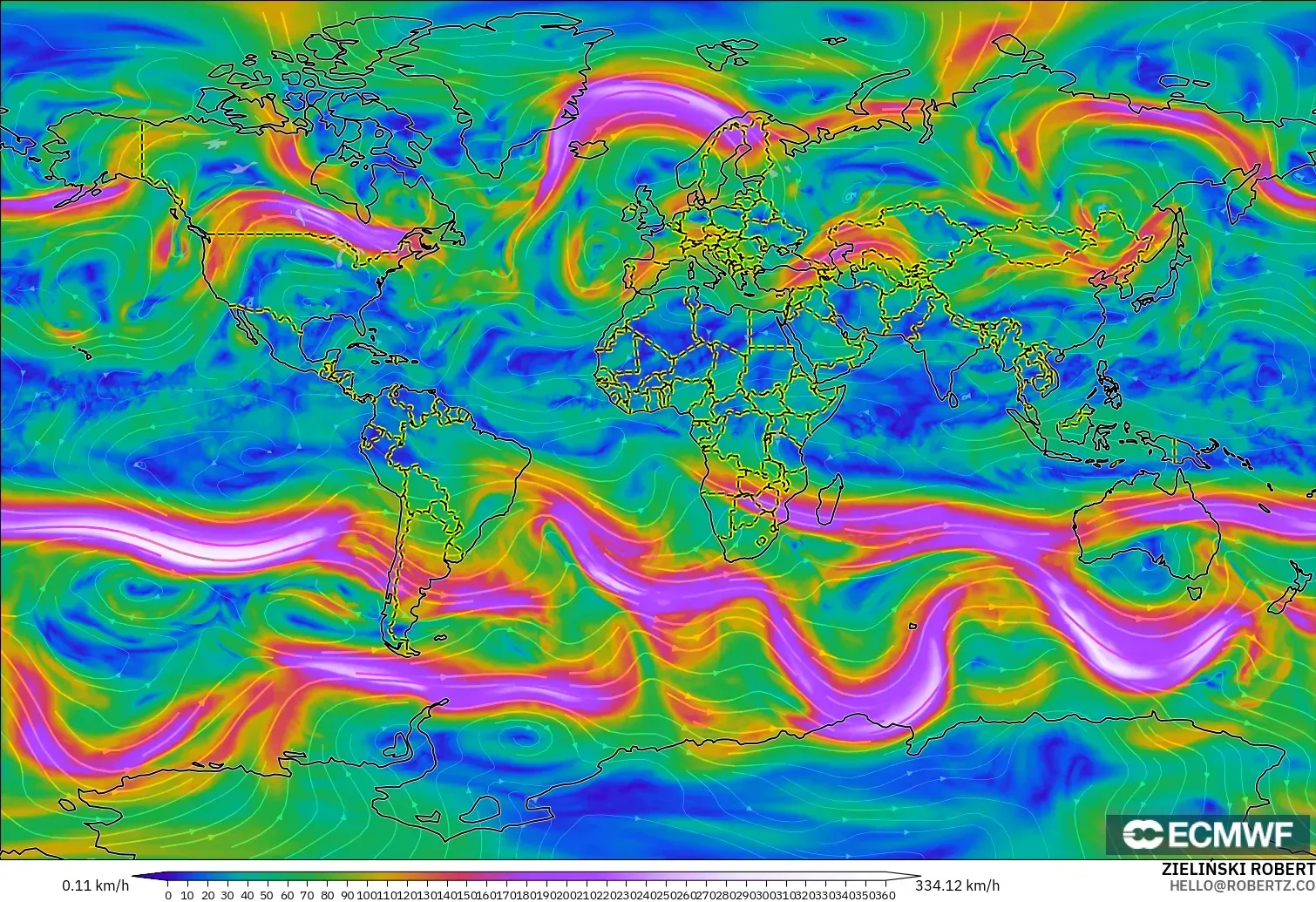 ECMWF IFS 0.25° model - World, Wind at 300hPa (jet stream)