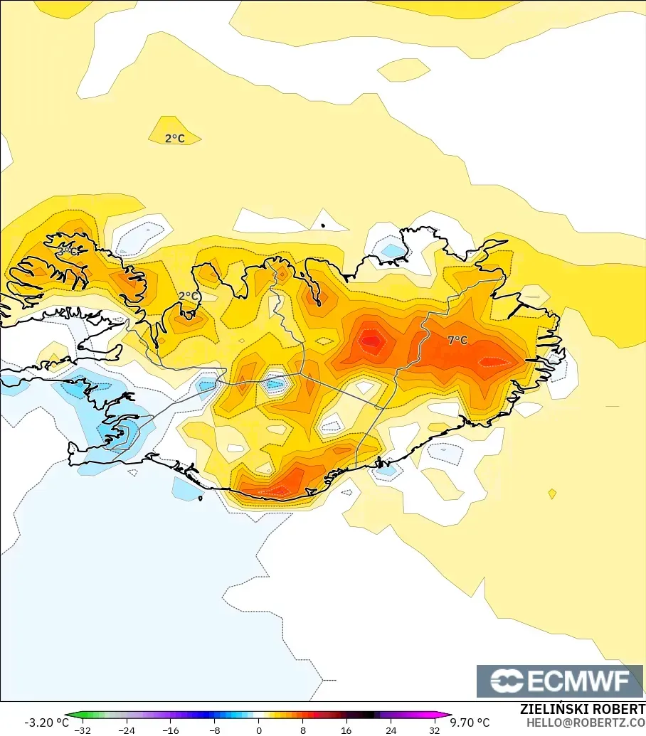 ECMWF IFS 0.25° model - Iceland, Temperature at 2m Anomaly