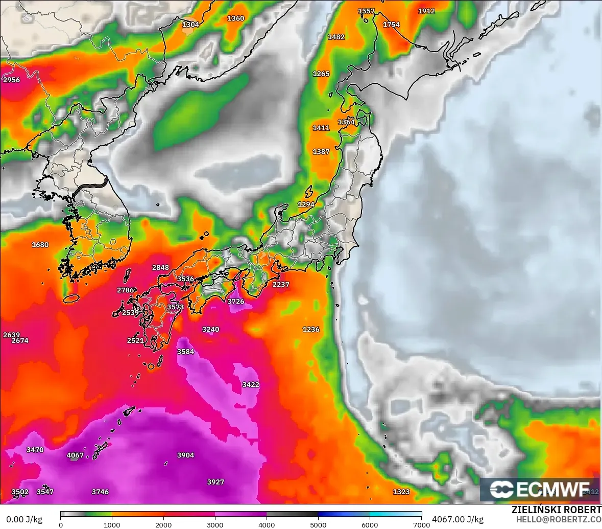 ECMWF IFS 0.25° model - Japan, CAPE
