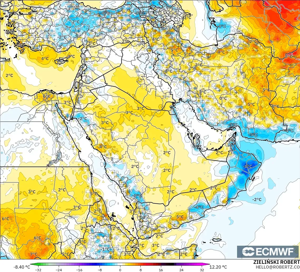 ECMWF IFS 0.25° model - Middle East, Temperature at 2m Anomaly