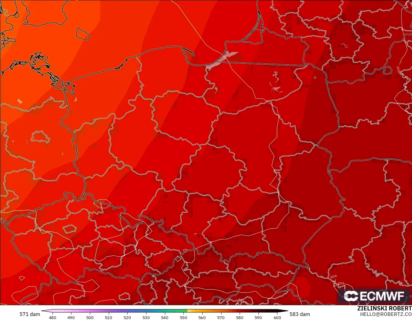 ECMWF IFS 0.25° model - Poland, Geopotential height at 500hPa