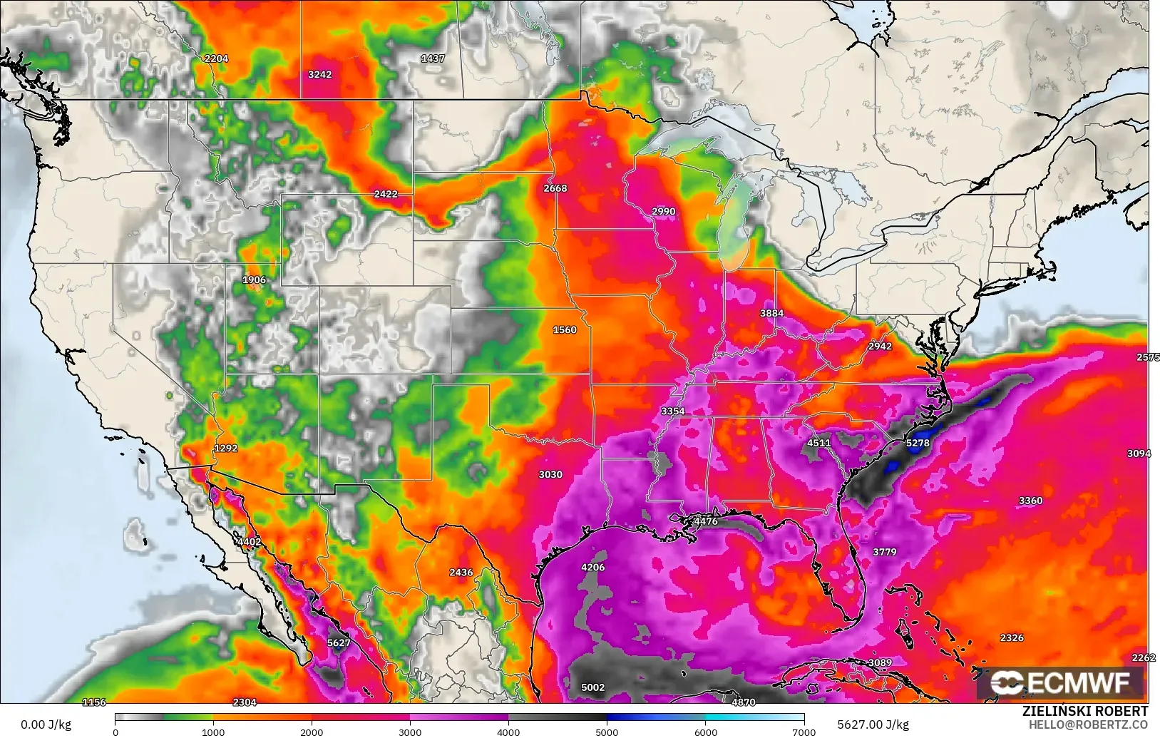 ECMWF IFS 0.25° model - United States, CAPE