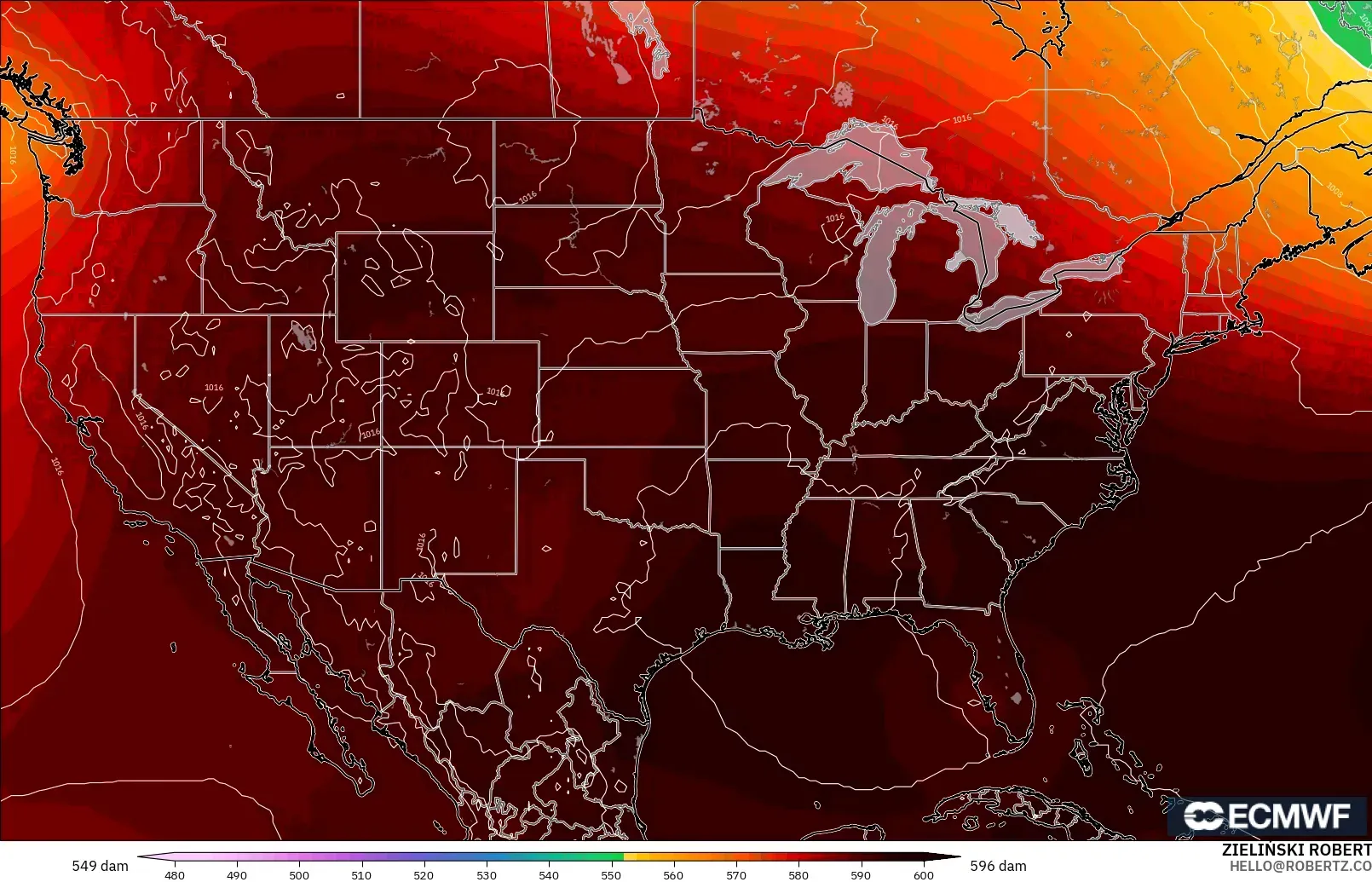 ECMWF IFS 0.25° model - United States, Geopotential height at 500hPa