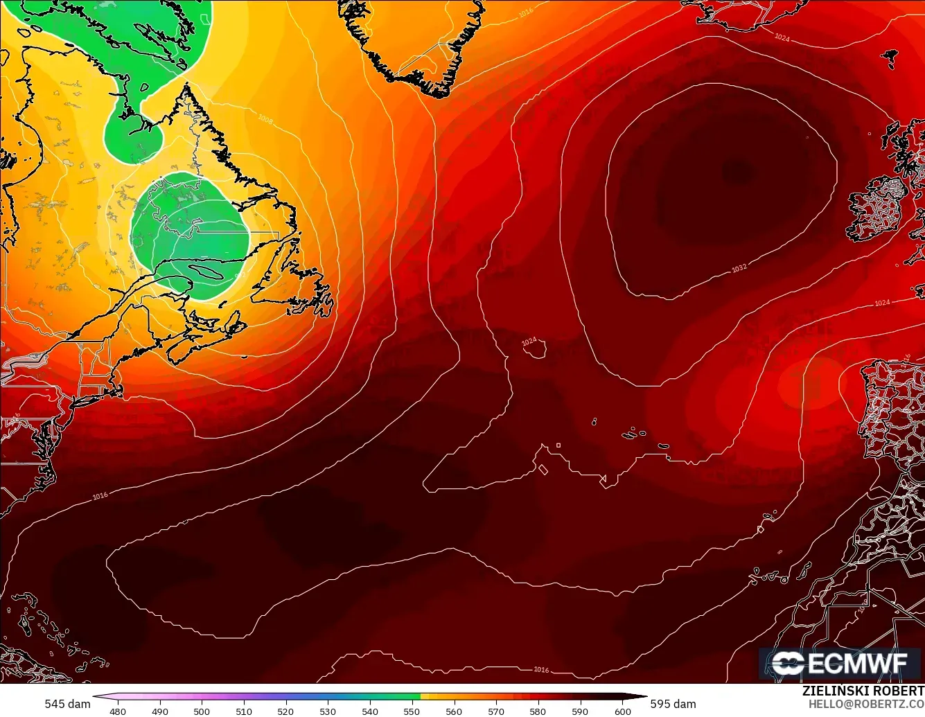 ECMWF IFS 0.25° model - North Atlantic, Geopotential height at 500hPa