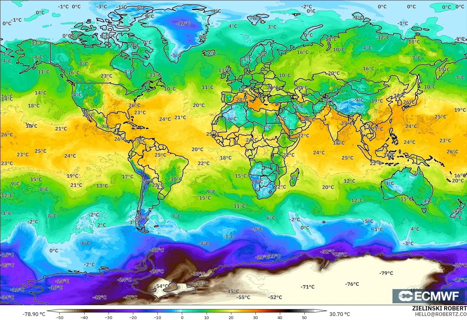 ECMWF IFS 0.25° model - World, Dewpoint at 2m