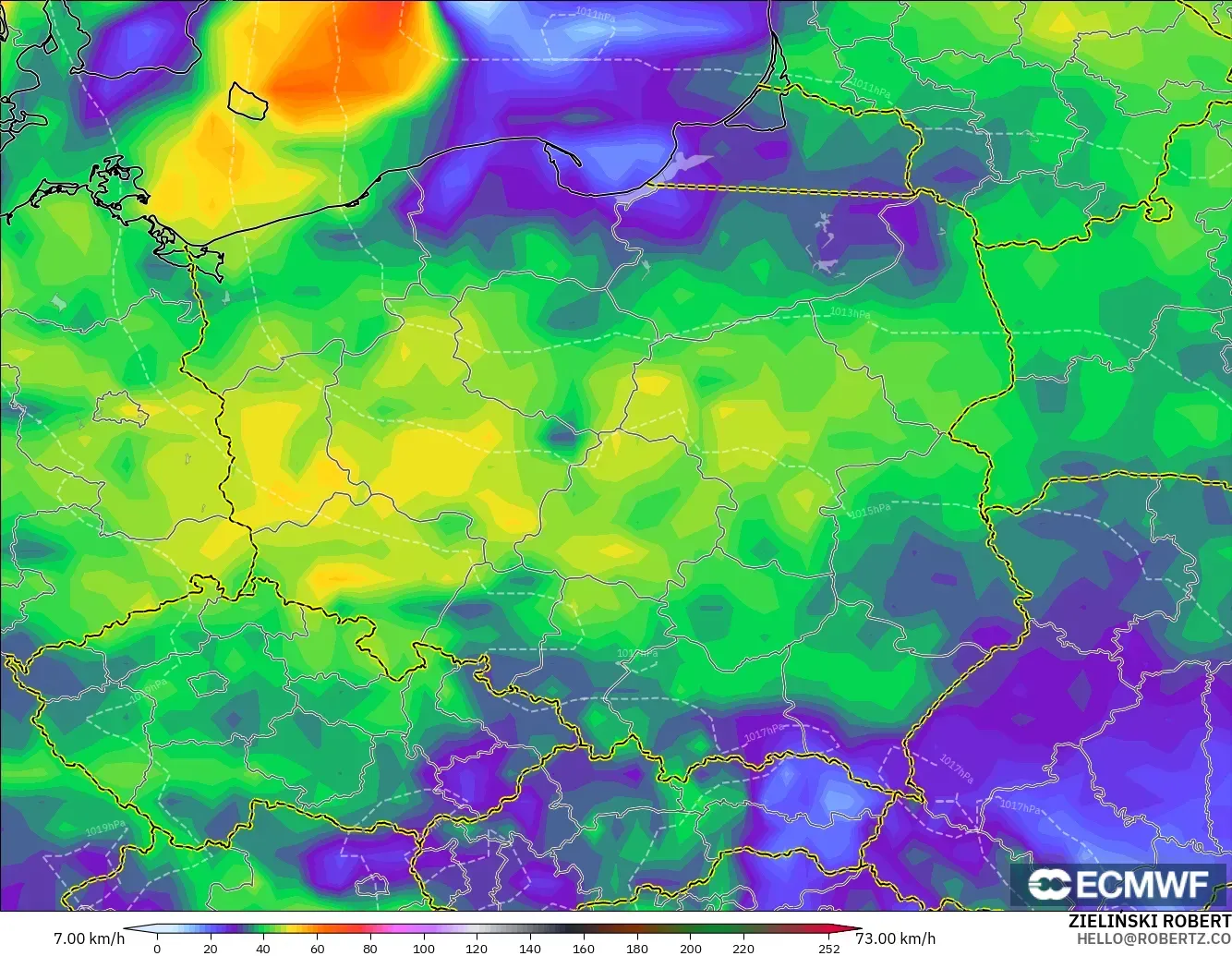 ECMWF IFS 0.25° model - Poland, Wind Gusts