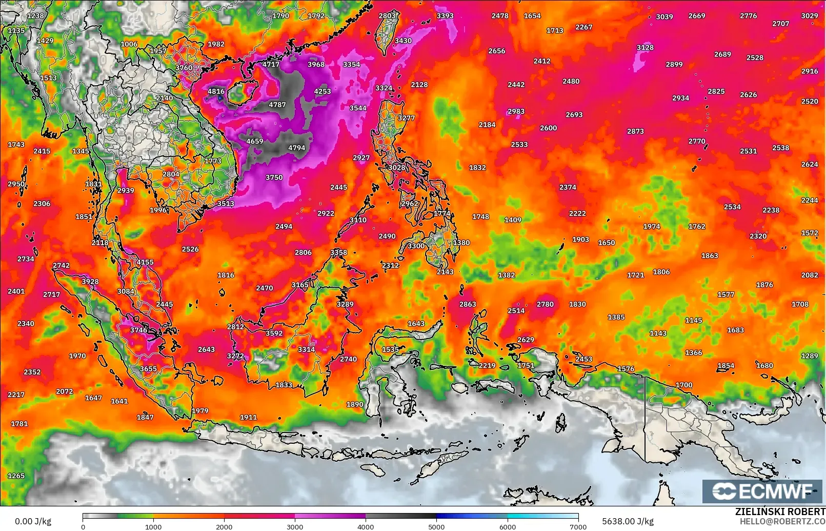 ECMWF IFS 0.25° model - South East Asia, CAPE