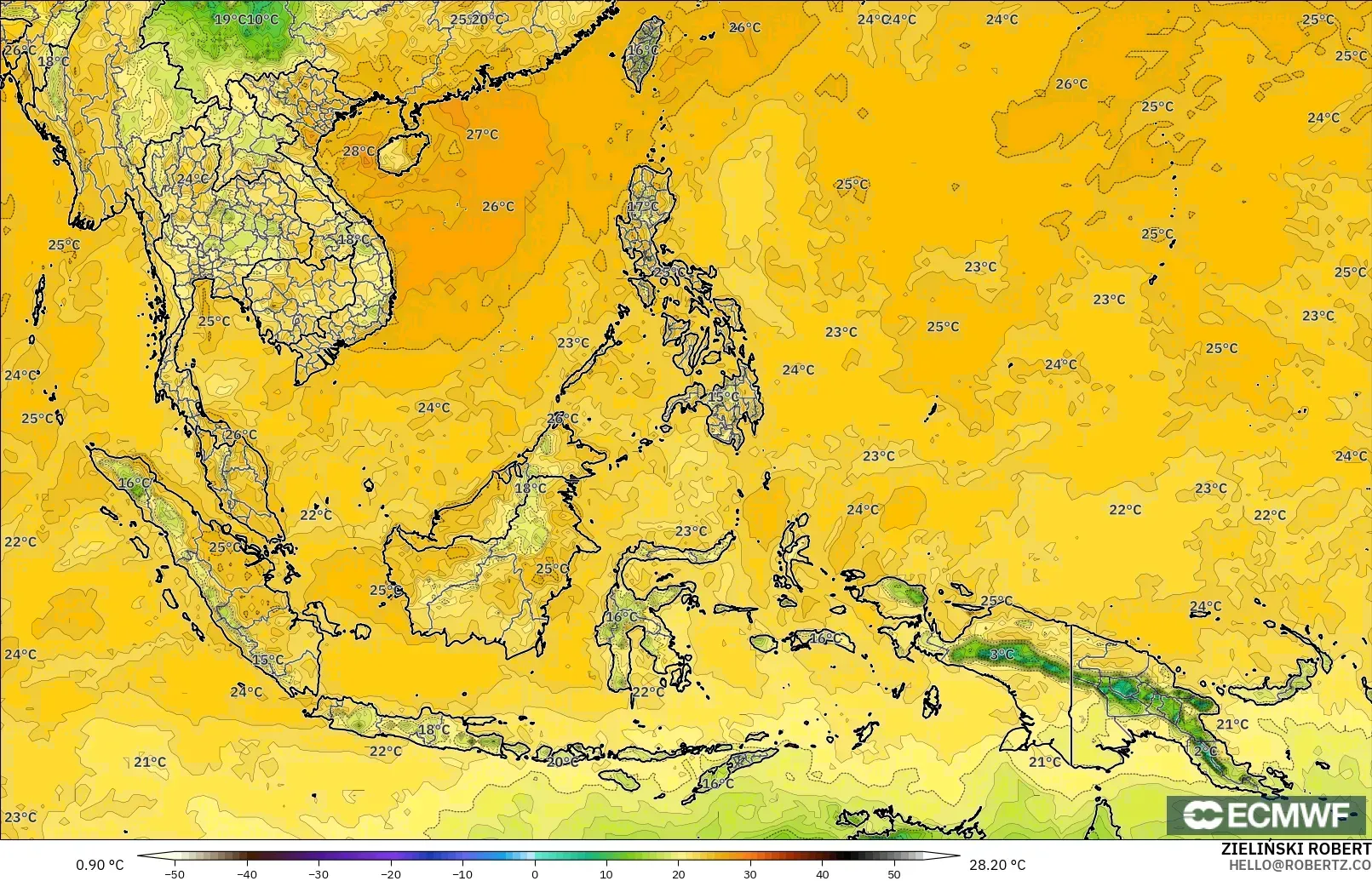 ECMWF IFS 0.25° model - South East Asia, Dewpoint at 2m