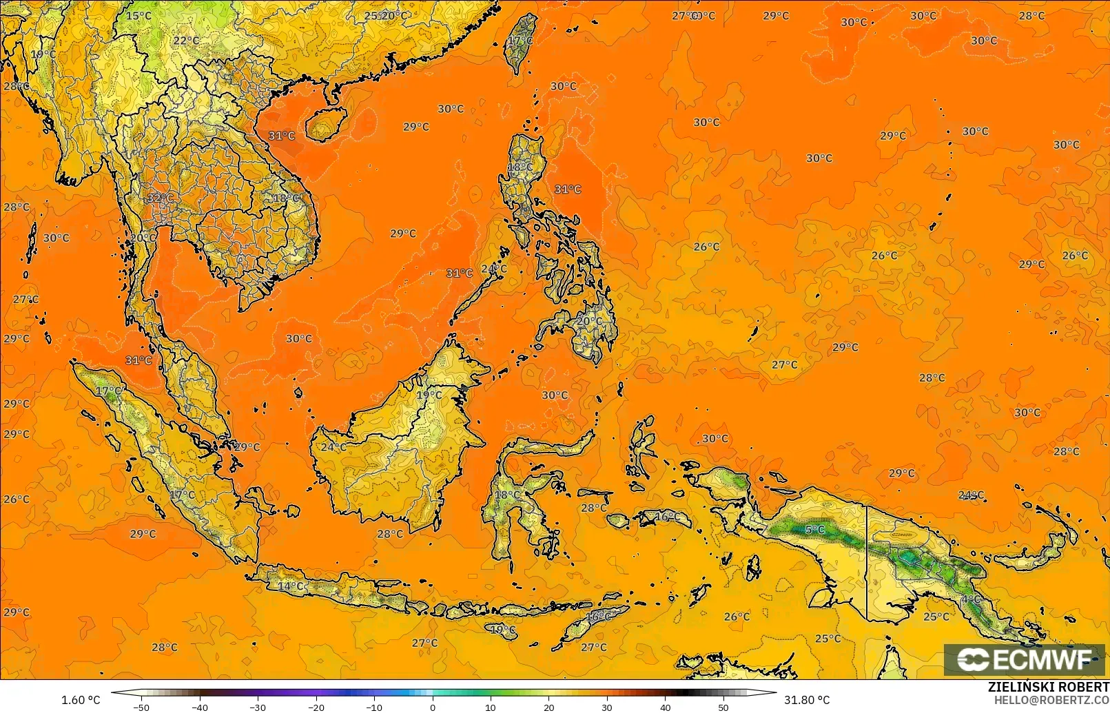 ECMWF IFS 0.25° model - South East Asia, Temperature at 2m