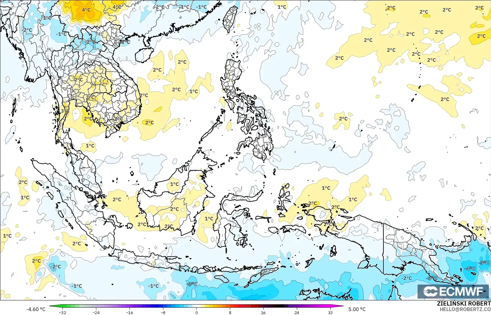 ECMWF IFS 0.25° model - South East Asia, Temperature at 850hPa Anomaly