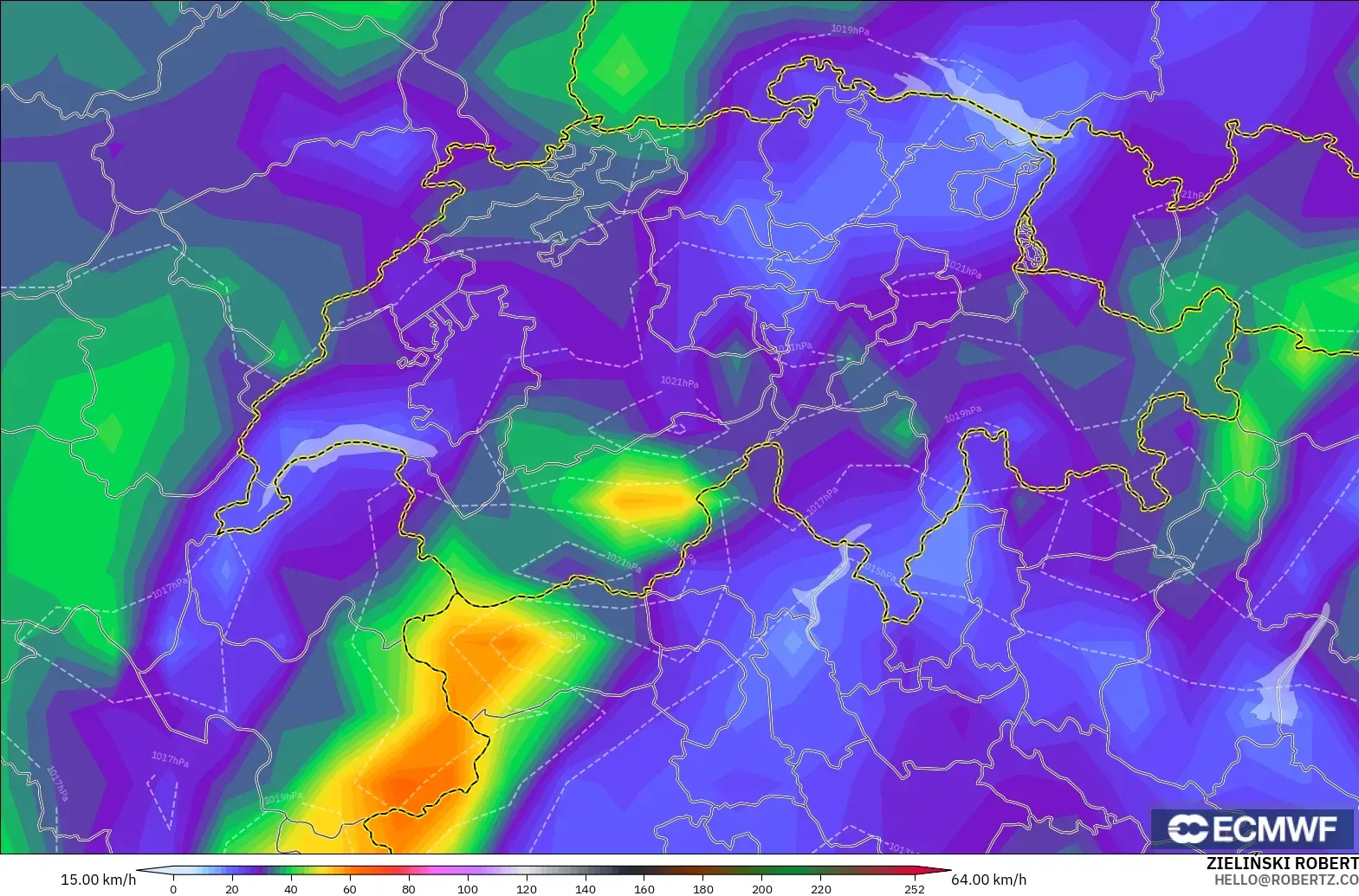ECMWF IFS 0.25° model - Switzerland, Wind Gusts