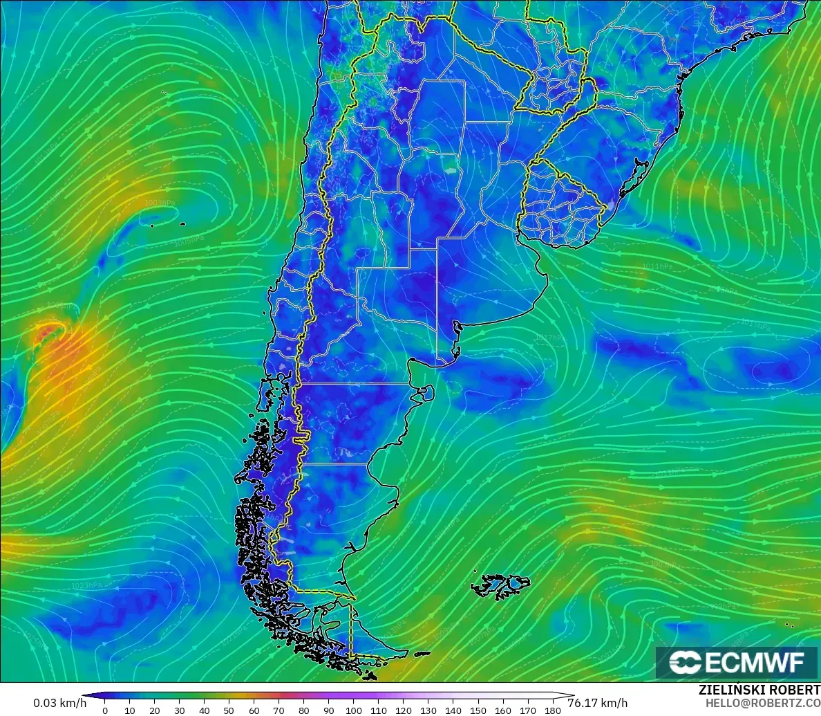 ECMWF IFS 0.25° model - Argentina, Wind at 10m