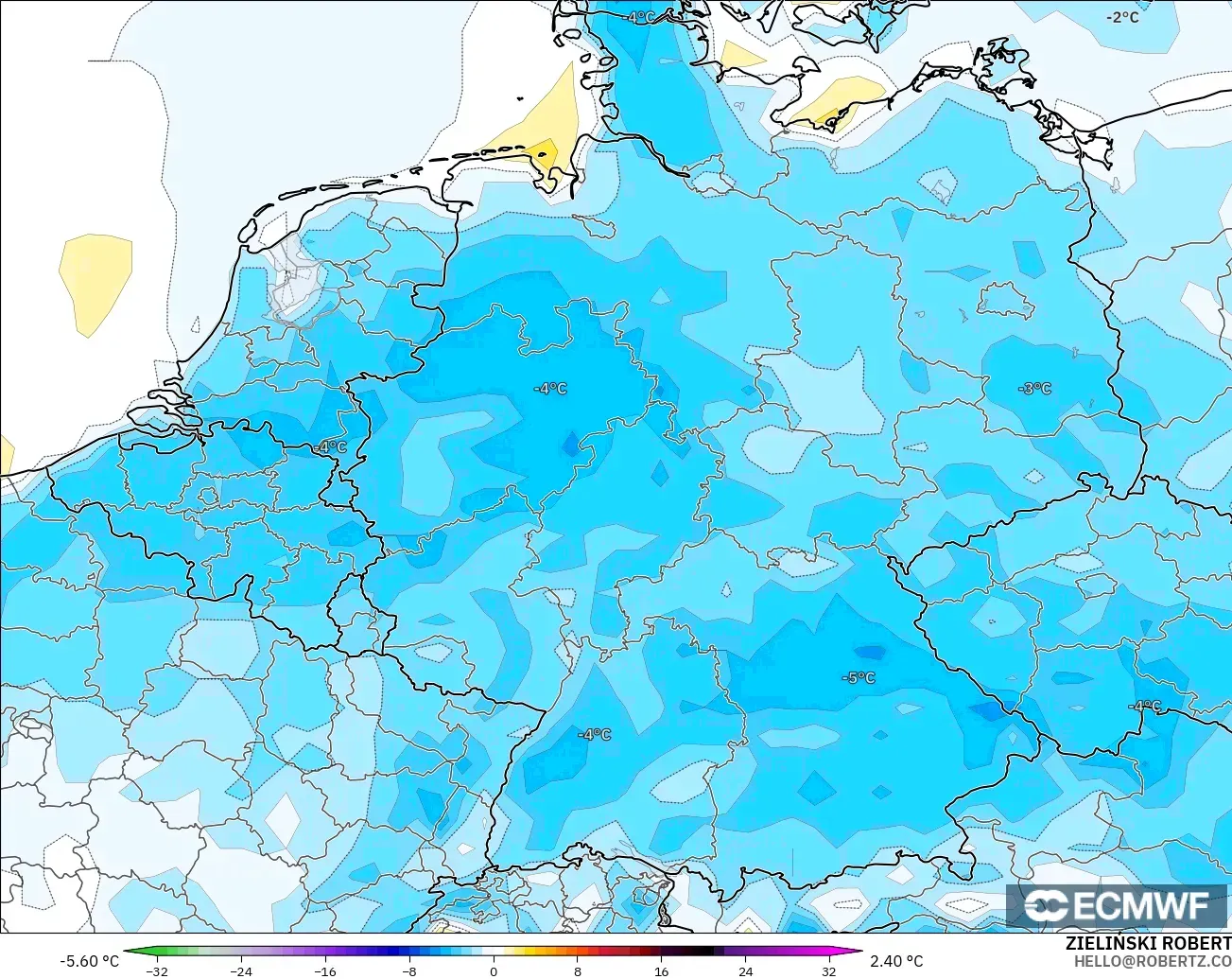 ECMWF IFS 0.25° model - Germany, Temperature at 2m Anomaly