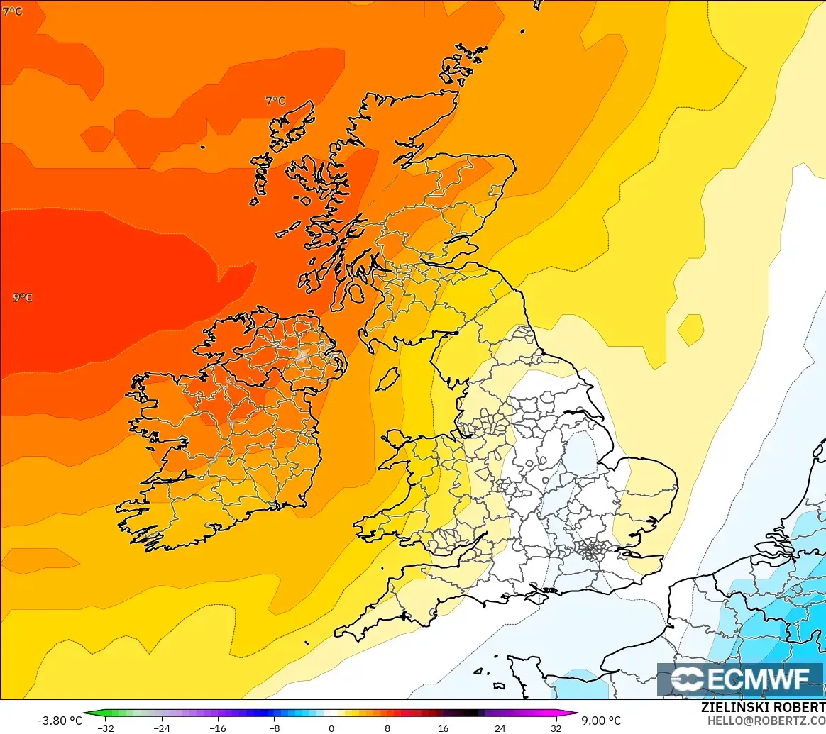 ECMWF IFS 0.25° model - United Kingdom, Temperature at 850hPa Anomaly