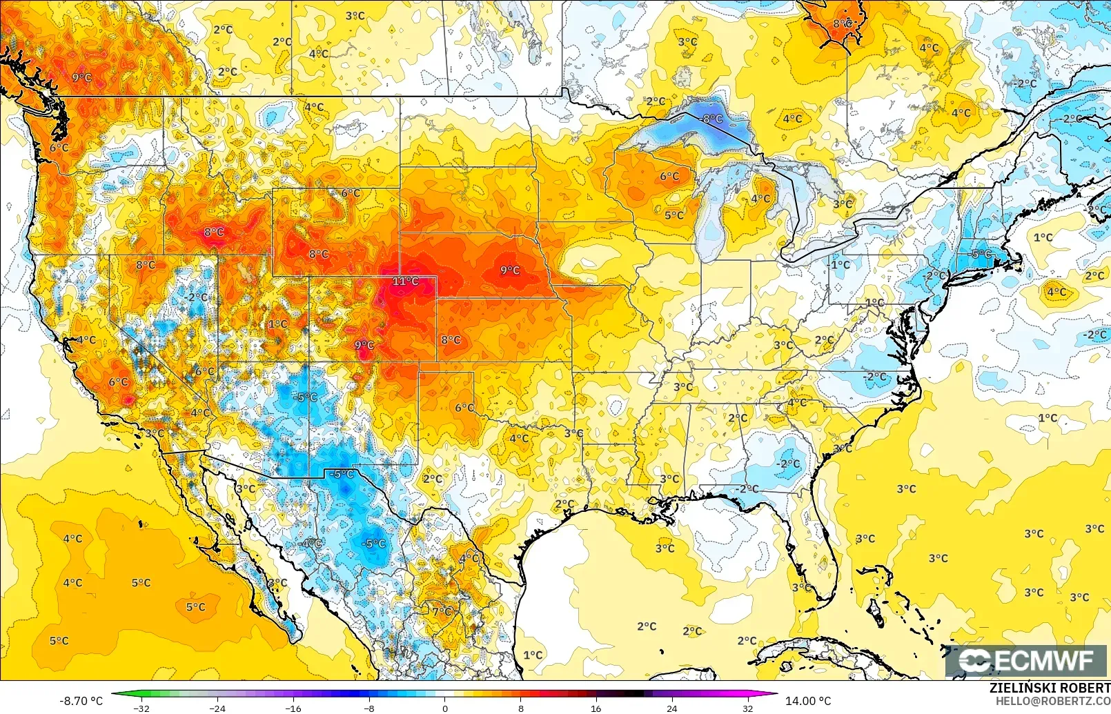 ECMWF IFS 0.25° model - United States, Temperature at 2m Anomaly