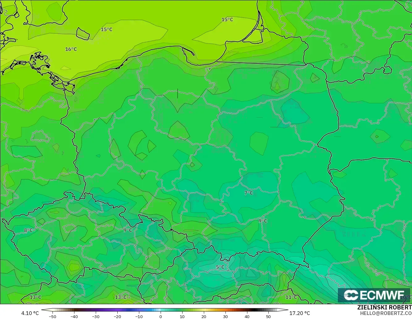 ECMWF IFS 0.25° model - Poland, Dewpoint at 2m