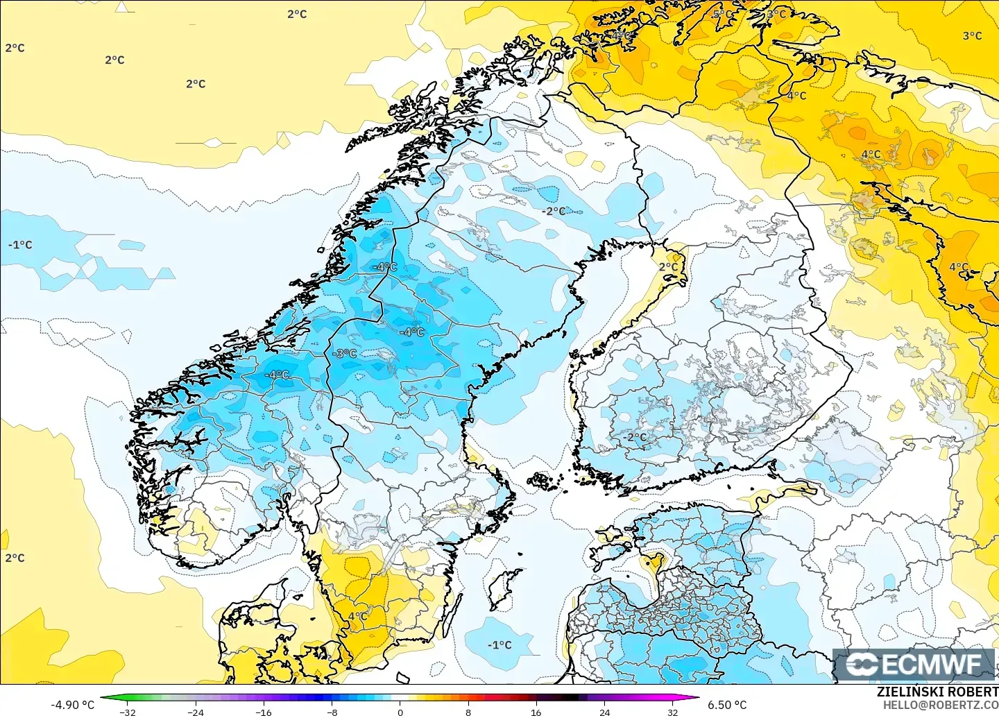 ECMWF IFS 0.25° model - Scandinavia, Temperature at 2m Anomaly