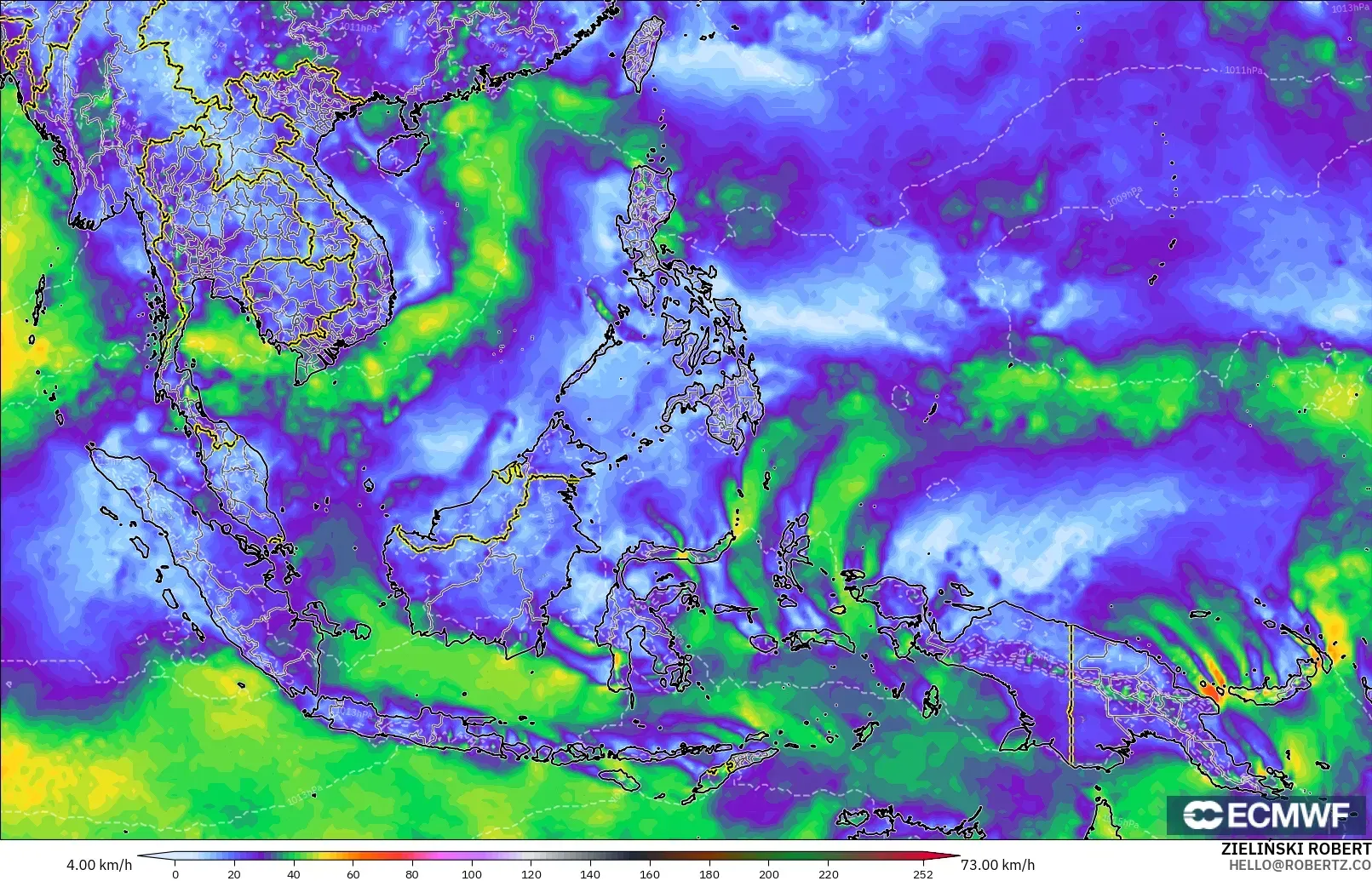 ECMWF IFS 0.25° model - South East Asia, Wind Gusts Peak