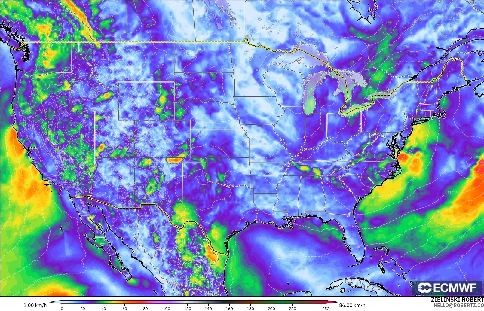 ECMWF IFS 0.25° model - United States, Wind Gusts Peak