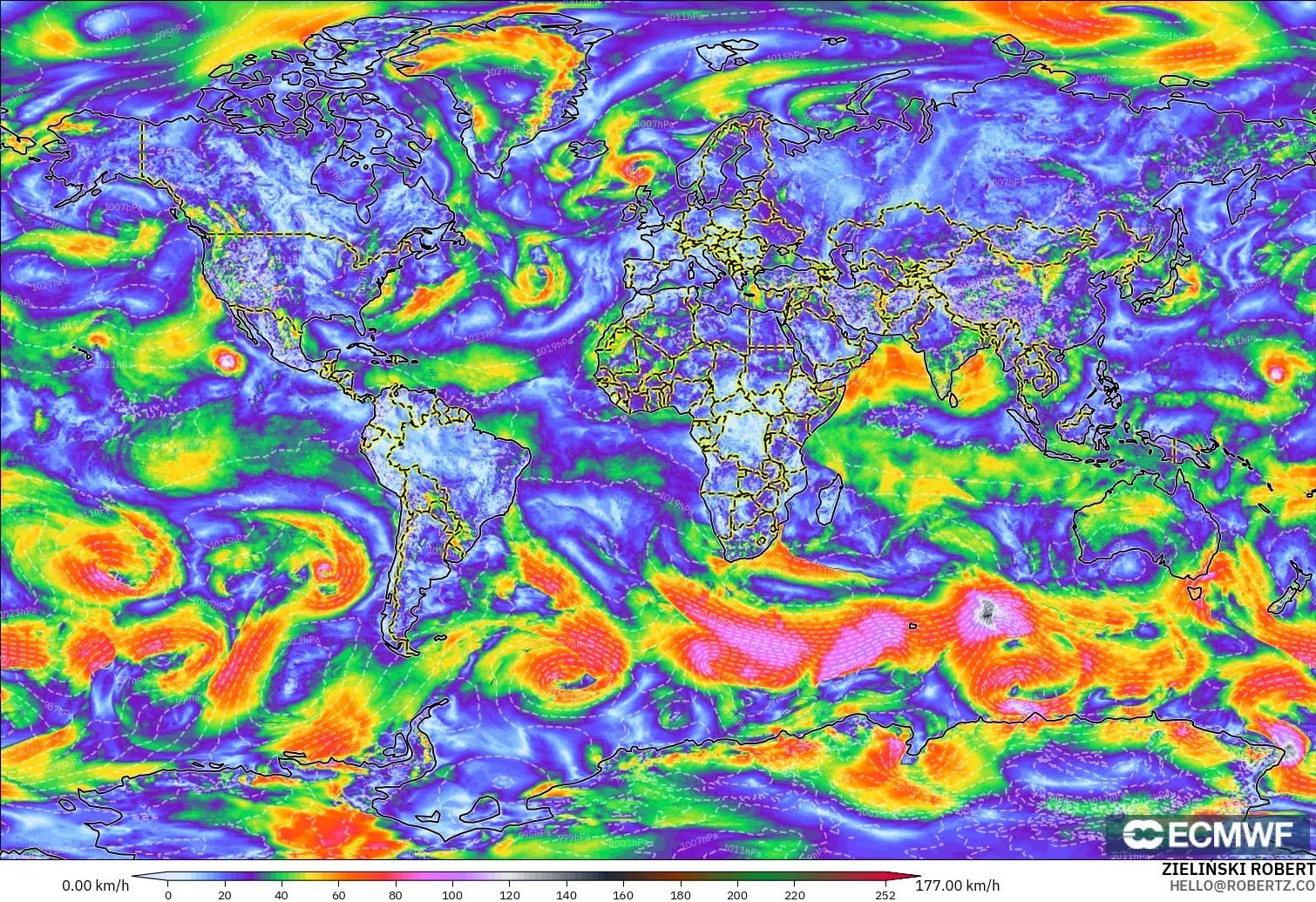 ECMWF IFS 0.25° model - World, Wind Gusts Peak