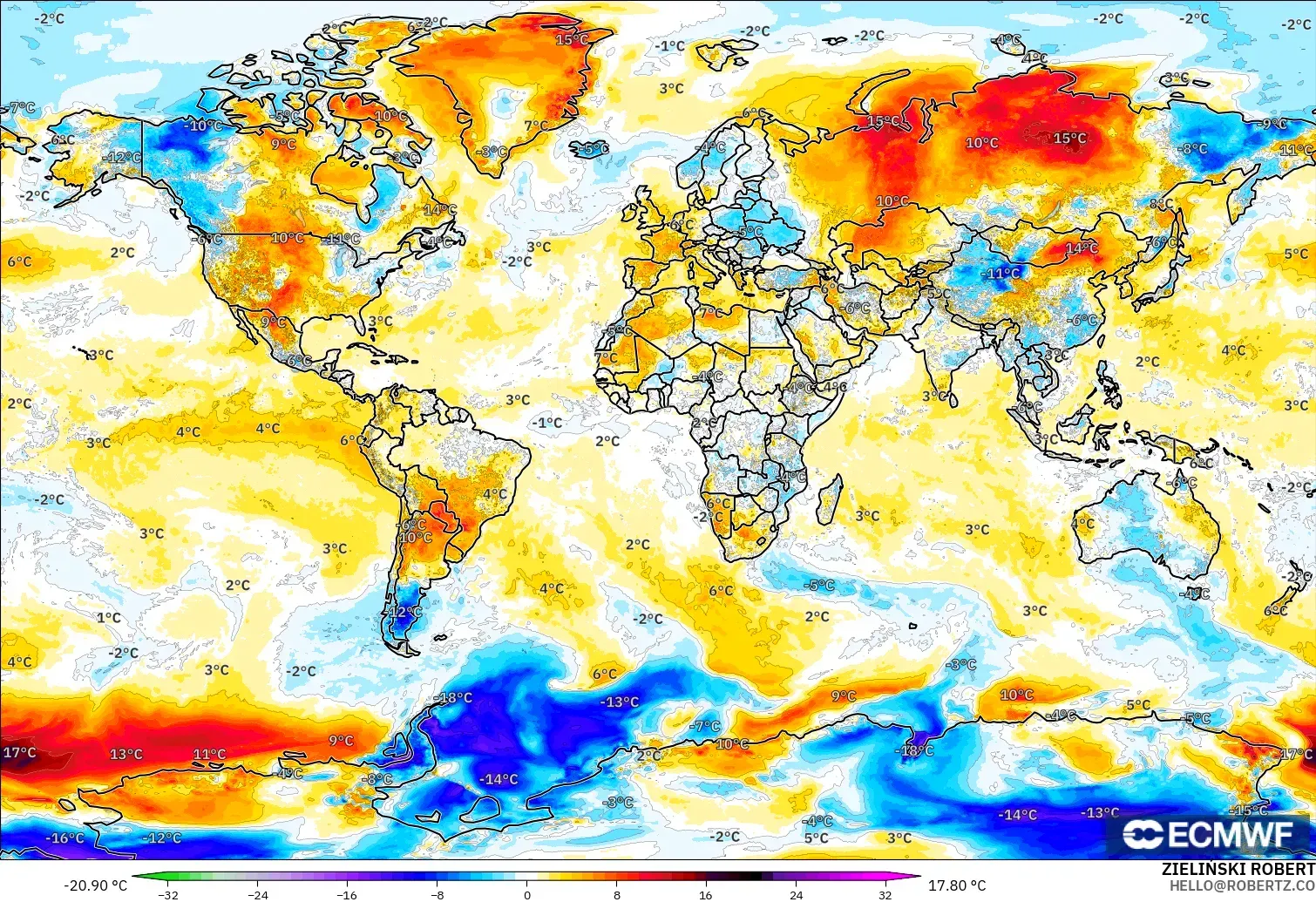 ECMWF IFS 0.25° model - World, Temperature at 2m Anomaly