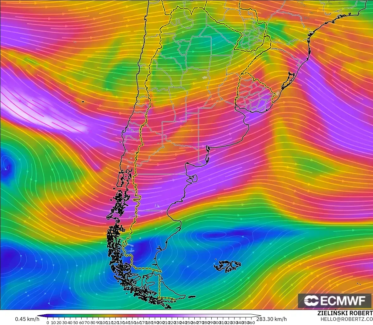 ECMWF IFS 0.25° model - Argentina, Wind at 300hPa (jet stream)