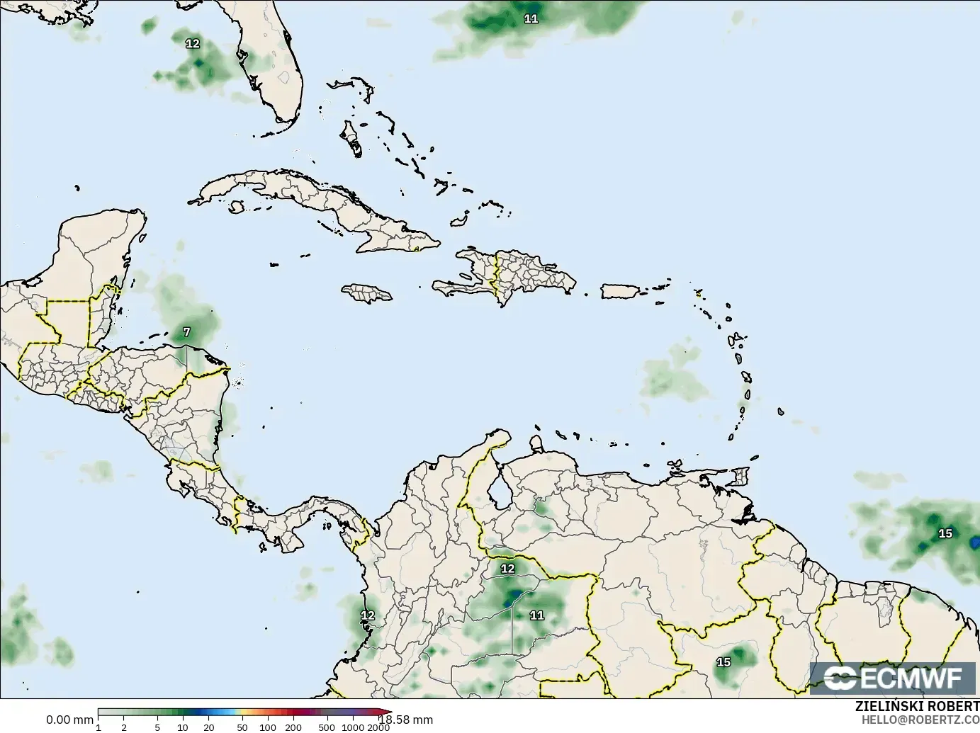 ECMWF IFS 0.25° model - Caribbean, Precipitation Accumulation