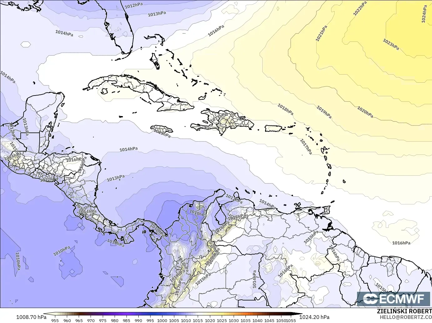 ECMWF IFS 0.25° model - Caribbean, Pressure