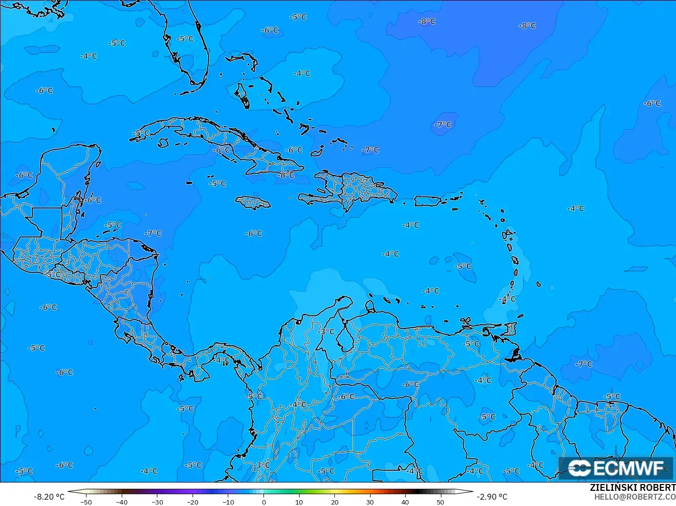 ECMWF IFS 0.25° model - Caribbean, Temperature at 500hPa