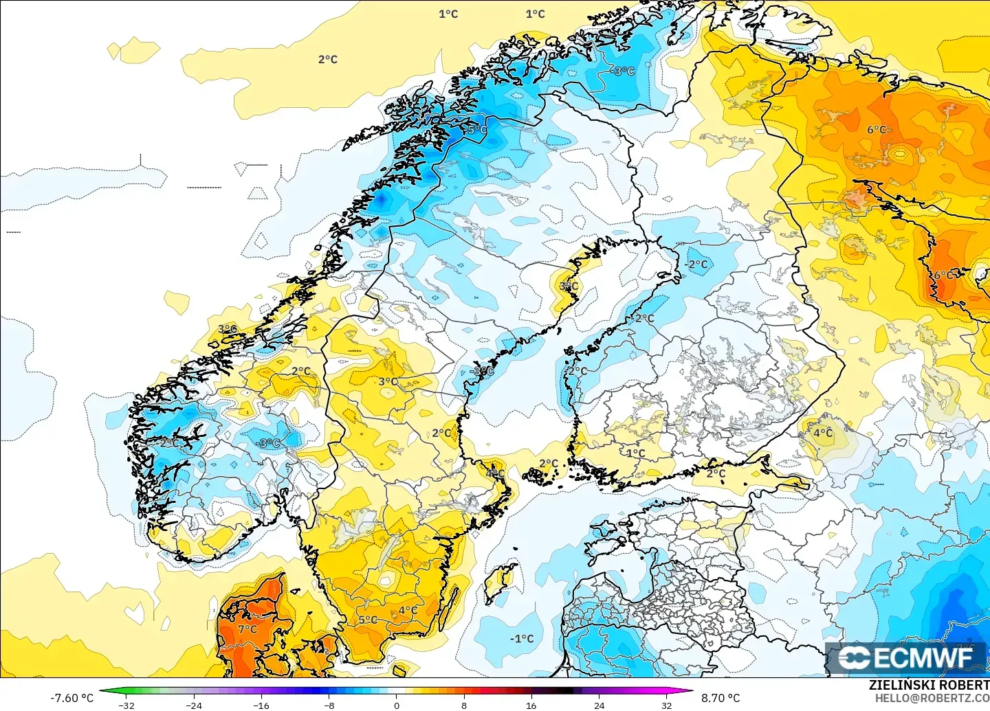 ECMWF IFS 0.25° model - Scandinavia, Temperature at 2m Anomaly