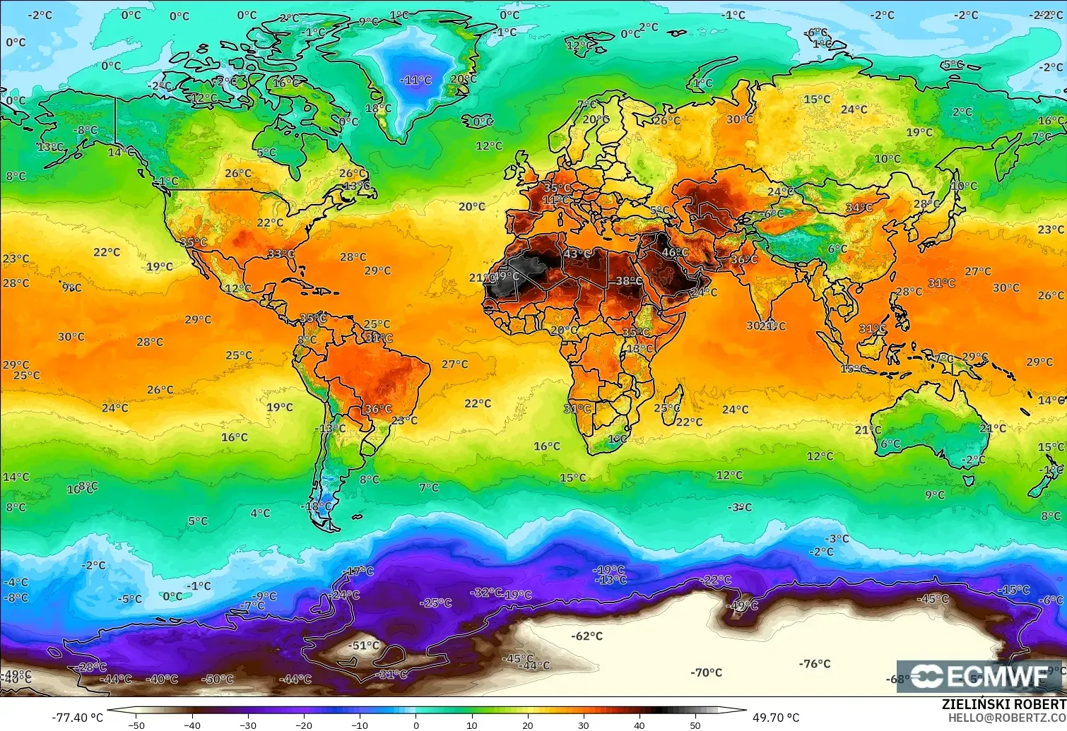 ECMWF IFS 0.25° model - World, Temperature at 2m