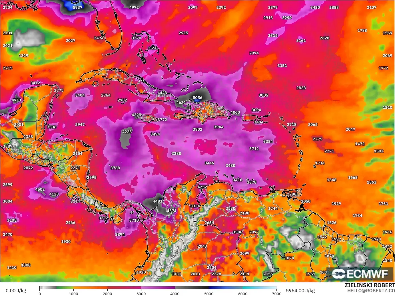 ECMWF IFS 0.25° model - Caribbean, CAPE