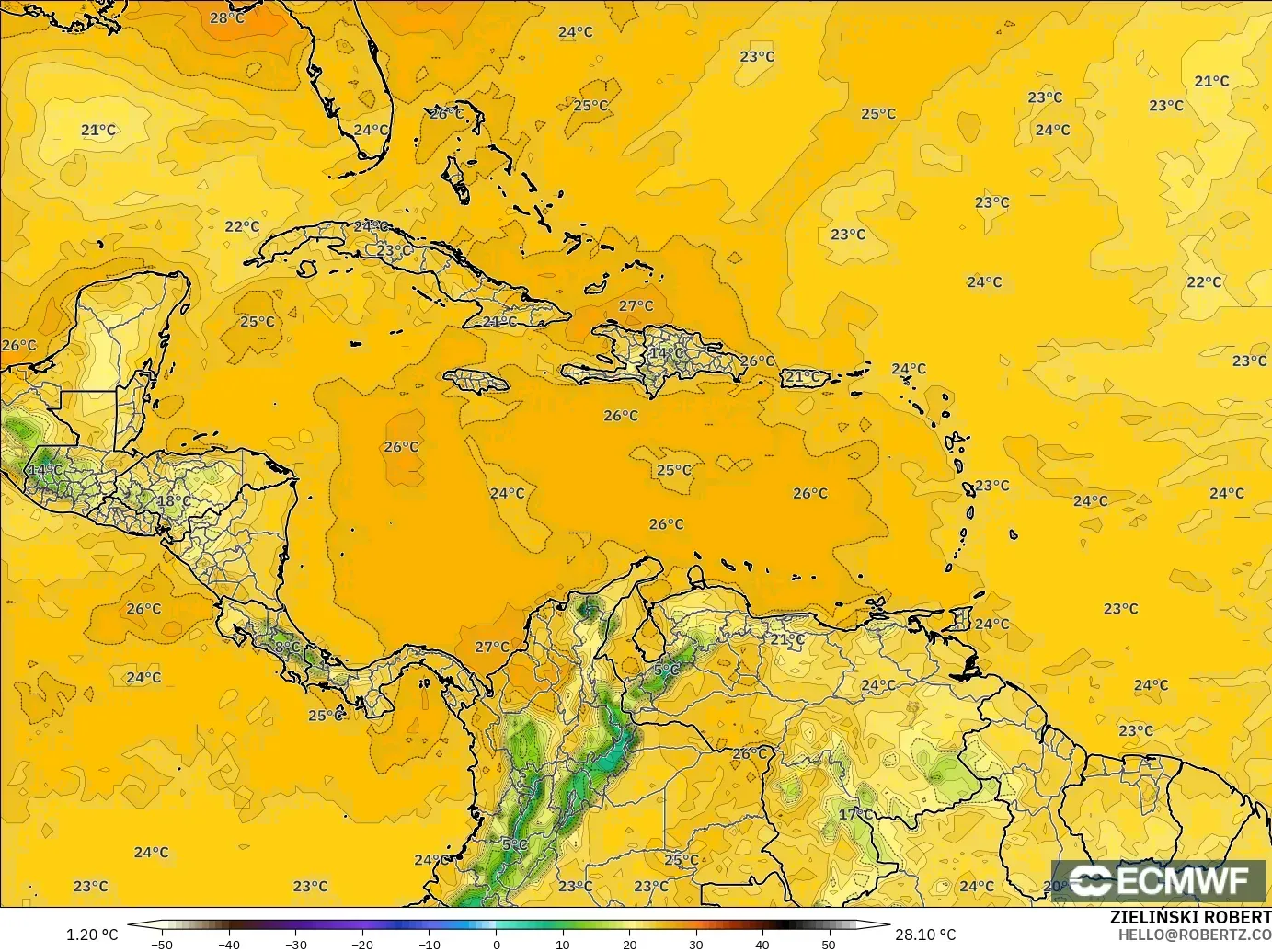 ECMWF IFS 0.25° model - Caribbean, Dewpoint at 2m