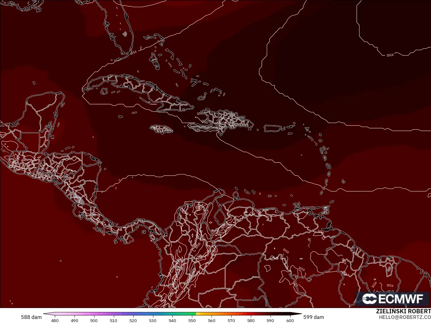 ECMWF IFS 0.25° model - Caribbean, Geopotential height at 500hPa