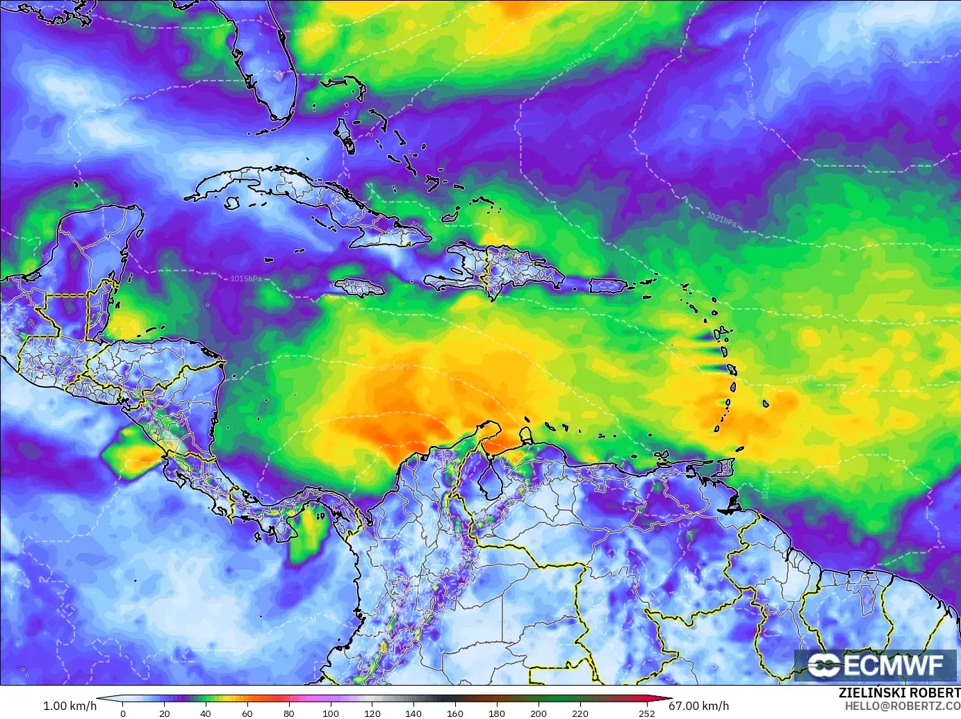 ECMWF IFS 0.25° model - Caribbean, Wind Gusts