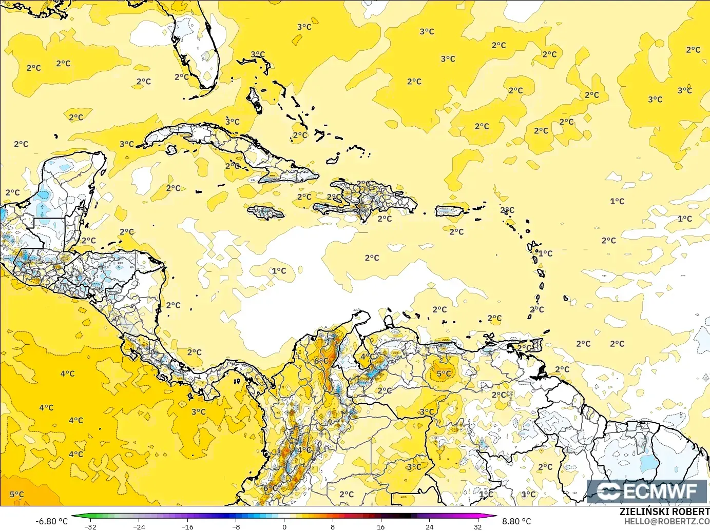 ECMWF IFS 0.25° model - Caribbean, Temperature at 2m Anomaly