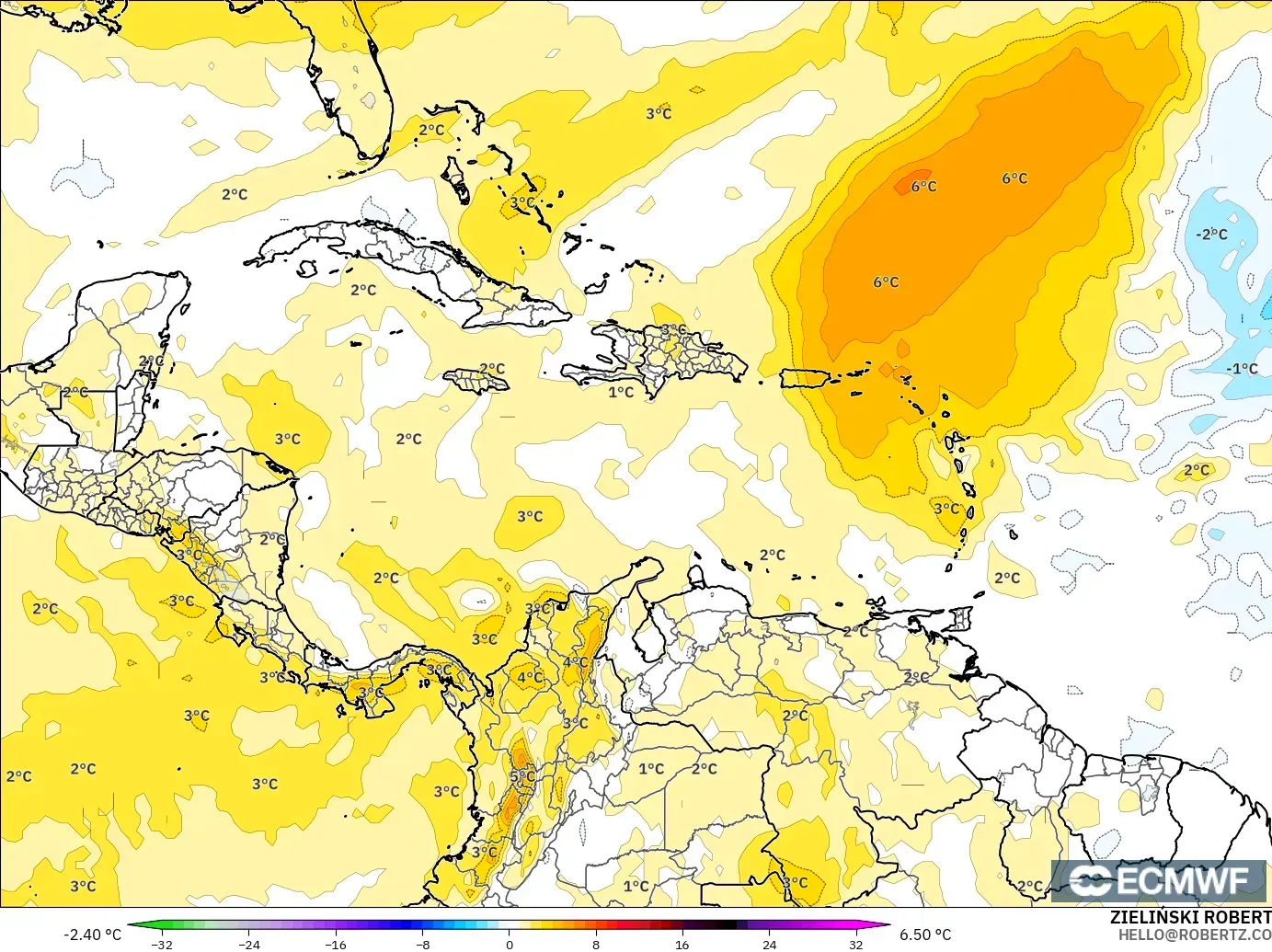 ECMWF IFS 0.25° model - Caribbean, Temperature at 850hPa Anomaly