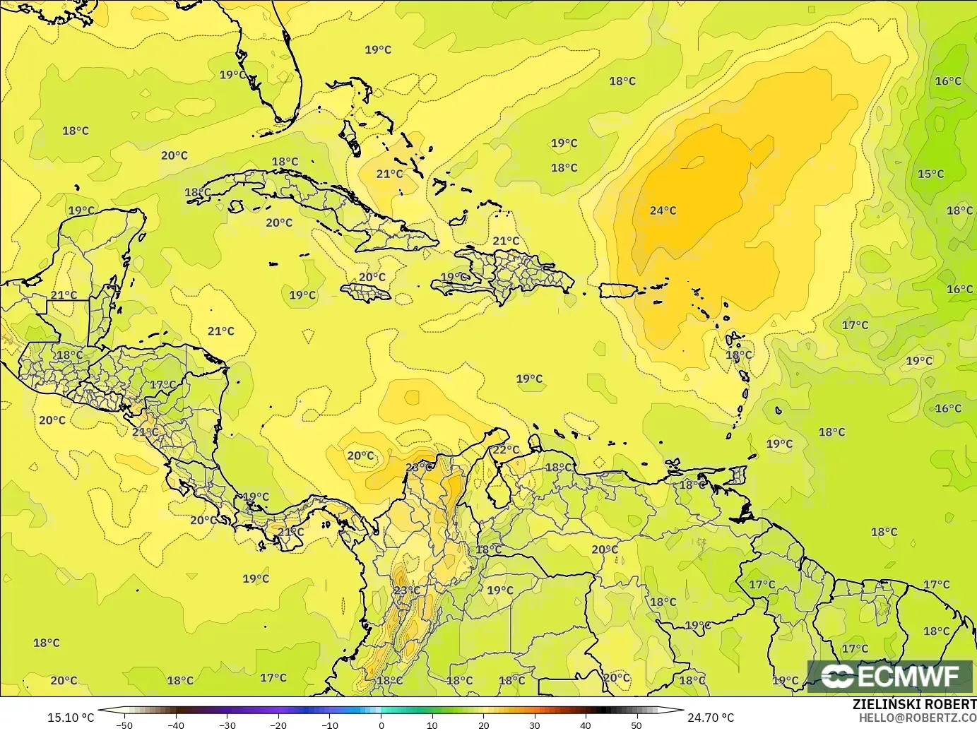 ECMWF IFS 0.25° model - Caribbean, Temperature at 850hPa