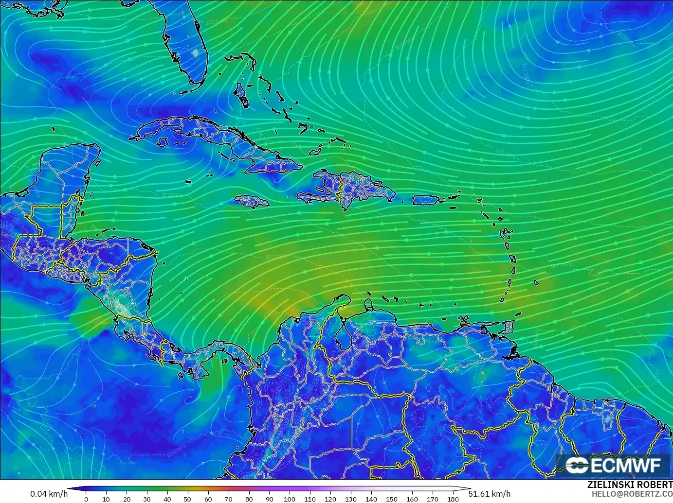 ECMWF IFS 0.25° model - Caribbean, Wind at 10m