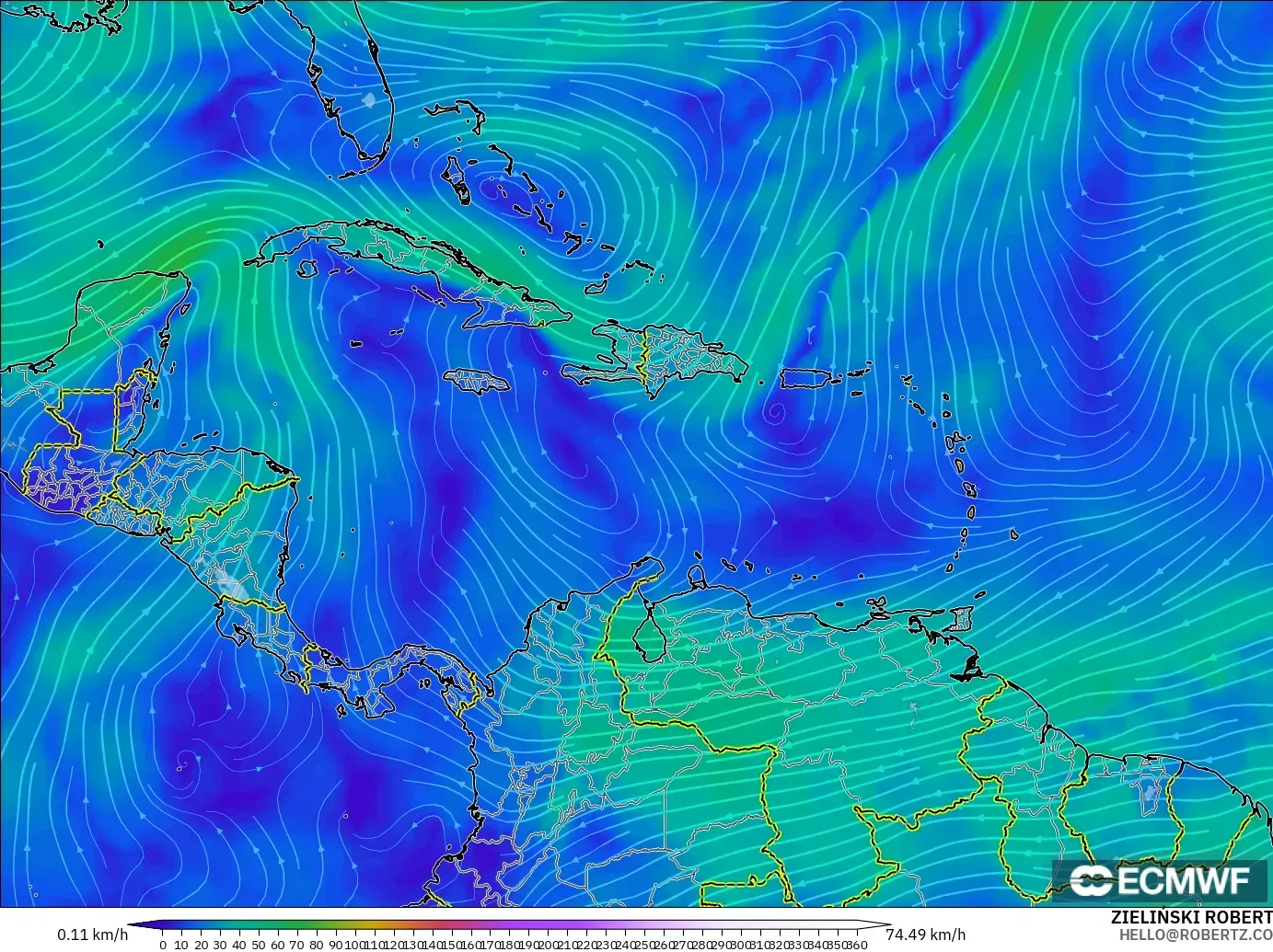 ECMWF IFS 0.25° model - Caribbean, Wind at 300hPa (jet stream)