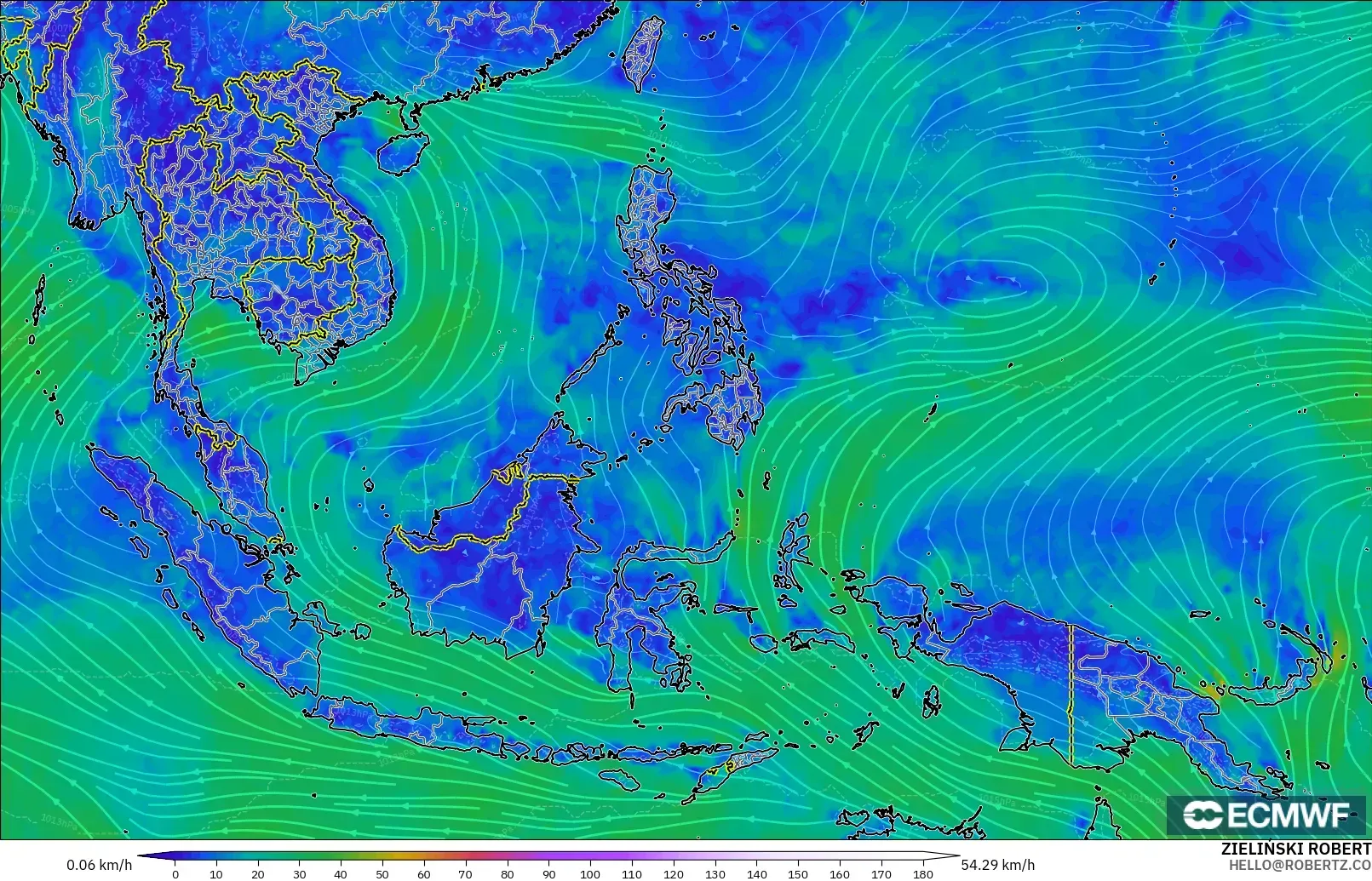 ECMWF IFS 0.25° model - South East Asia, Wind at 10m