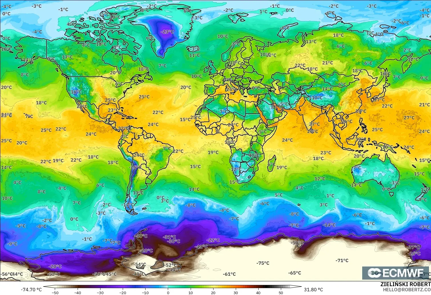 ECMWF IFS 0.25° model - World, Dewpoint at 2m
