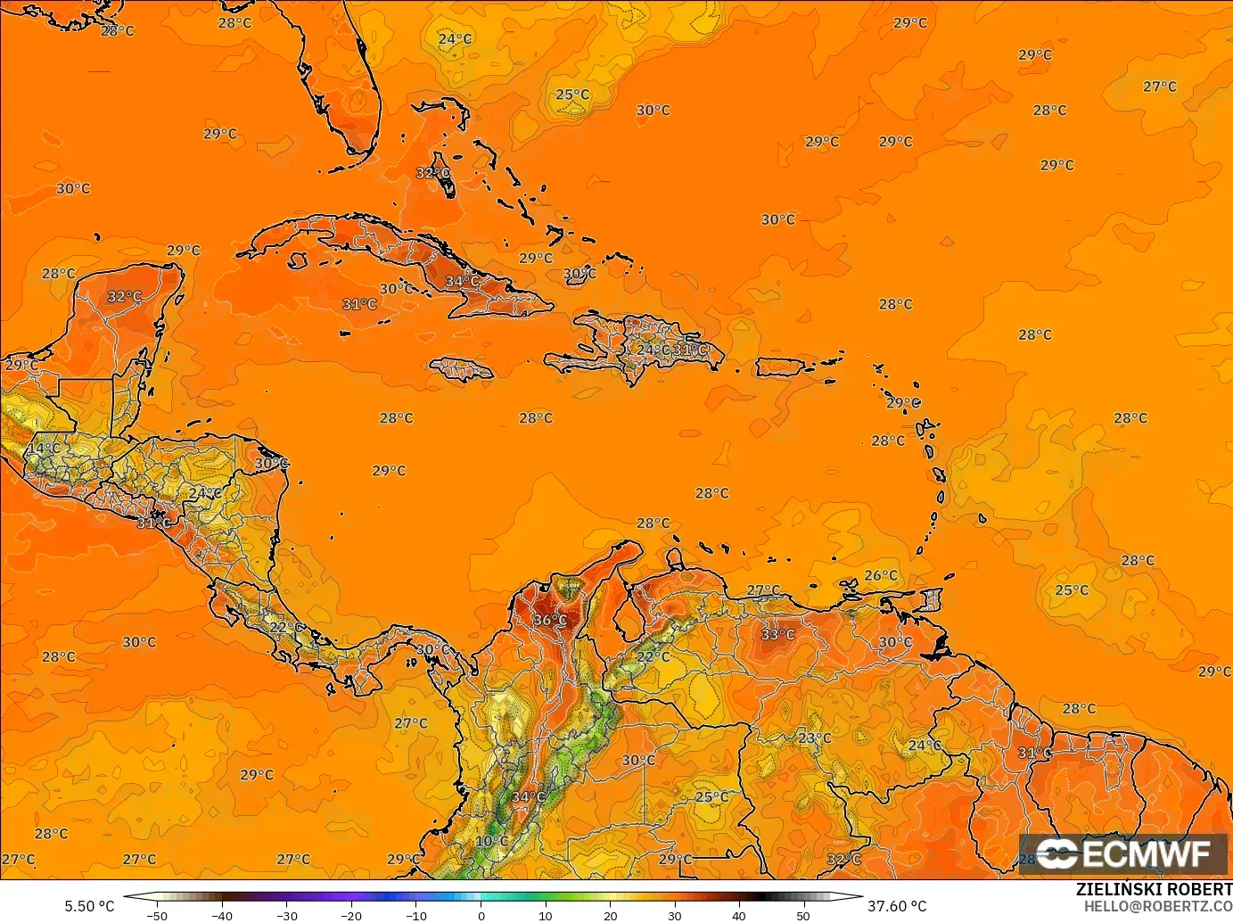 ECMWF IFS 0.25° model - Caribbean, Temperature at 2m