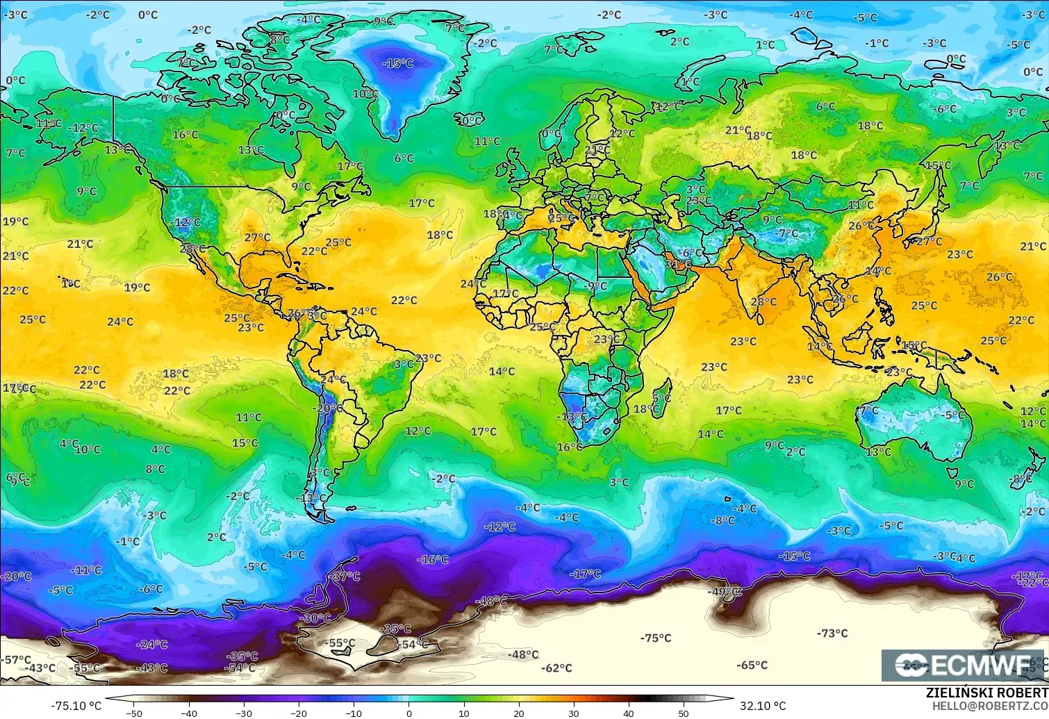 ECMWF IFS 0.25° model - World, Dewpoint at 2m